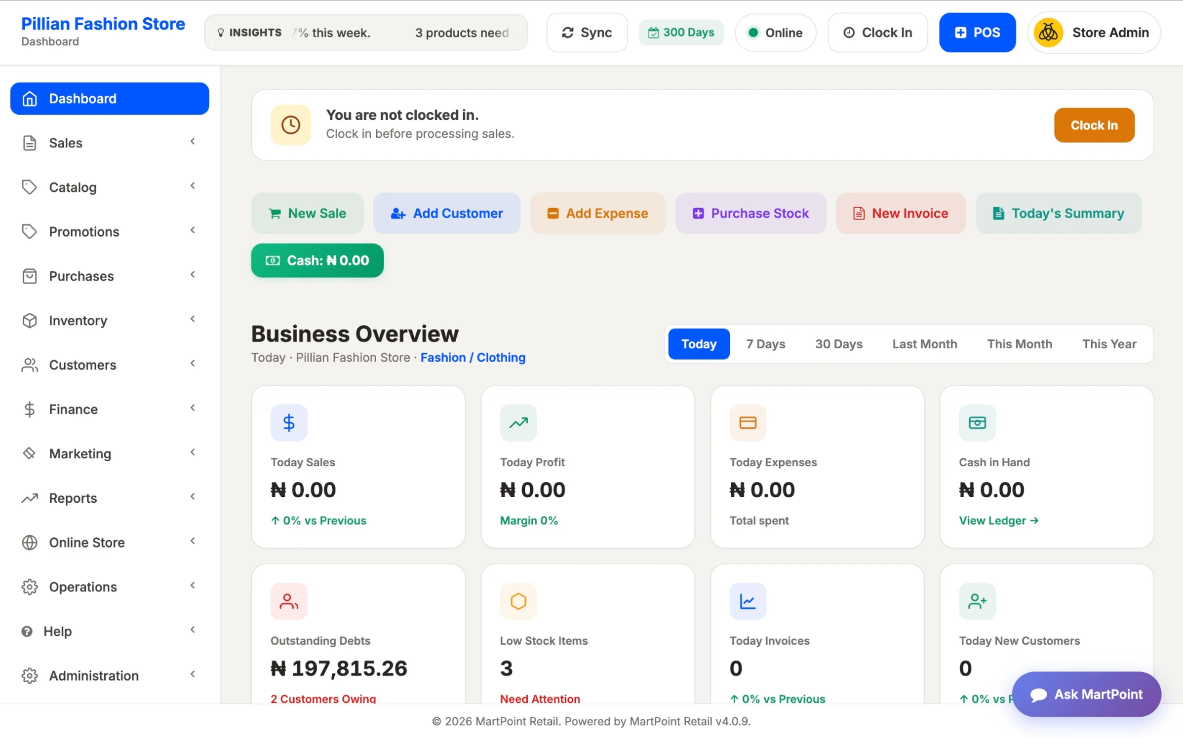 MartPoint Retail Dashboard with sales metrics, stock alerts and transaction history